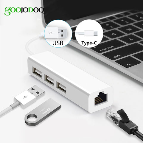 USB Ethernet with 3 Port USB HUB 2.0 RJ45 Lan Network Card USB to Ethernet Adapter for Mac iOS Android PC  RTL8152 USB 2.0 HUB