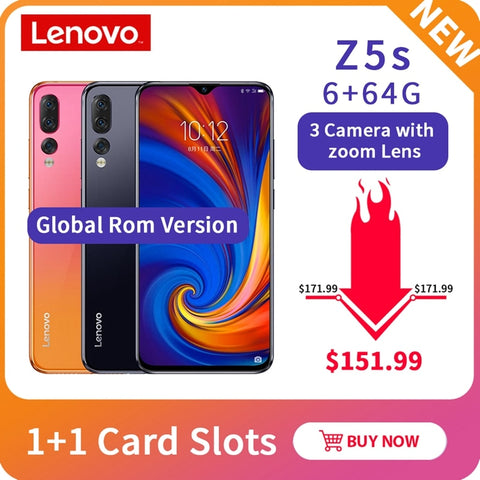 Lenovo Z5S 4G 6GB 64GB / 128G Global ROM 6.3 inch Smartphone Z5 s Triple Rear Camera cellphone Snapdragon 710 celular Android P