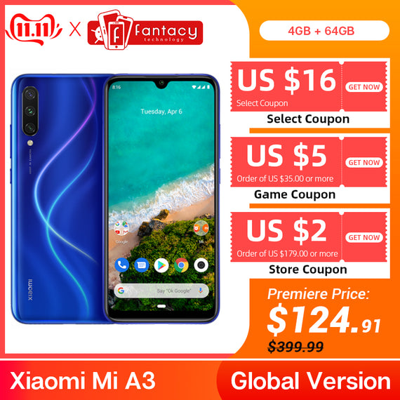 In Stock Global Version Xiaomi Mi A3 MiA3 4GB 64GB Smartphone 48MP Triple Cameras Snapdragon 665 32MP Front Camera 6.088"AMOLED