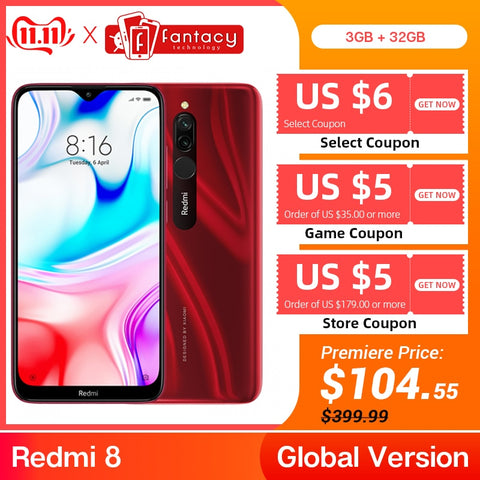Global Version Xiaomi Redmi 8 3GB 32GB Snapdragon 439 Octa Core 12MP Dual Camera Mobile Phone 5000mAh Large Battery OTA