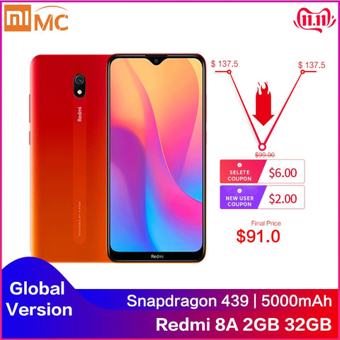 Global Version Xiaomi Redmi 8A 8 A 2GB 32GB 6.22" Snapdargon 439 Octa core Mobile Phone 5000mAh 12MP Camera Smartphone
