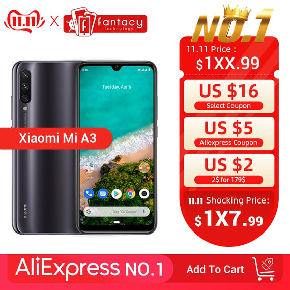 Global Version Xiaomi Mi A3 MiA3 4GB 64GB Mobile Phone Snapdragon 665 48MP Triple Cameras 32MP Front Camera 6.088 AMOLED Display