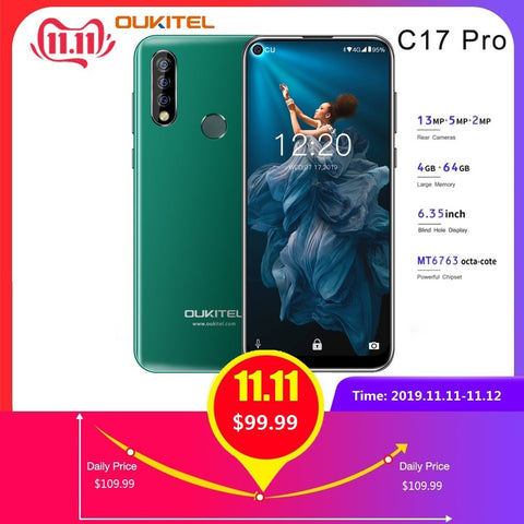 OUKITEL C17 Pro 6.35'' 19:9 4GB RAM 64GB ROM MT6763 Smartphone 13MP Fingerprint Octa Core Android 9.0 4G Mobile Phone 3900mAh