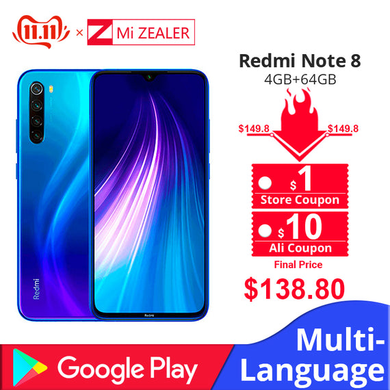 Global Version Xiaomi Redmi Note 8 4GB RAM 64GB ROM Octa Core Smartphone Snapdragon 665 48MP 6.3" Screen Fast Charger Cellphone