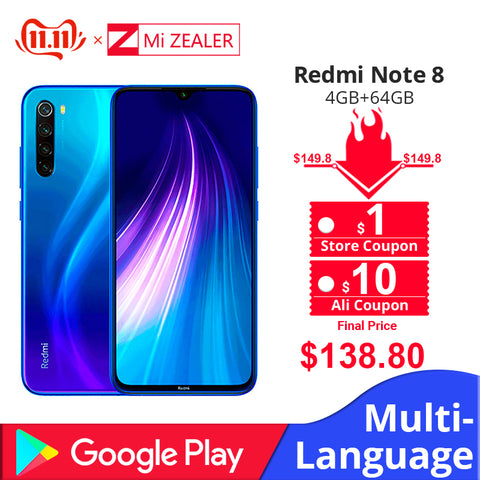 Global Version Xiaomi Redmi Note 8 4GB RAM 64GB ROM Octa Core Smartphone Snapdragon 665 48MP 6.3" Screen Fast Charger Cellphone
