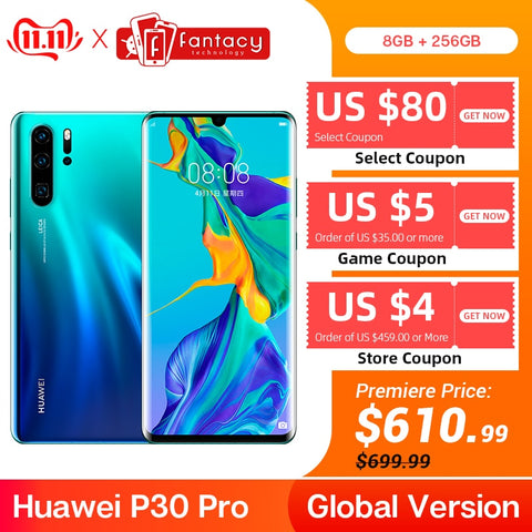 Global Version Huawei P30 Pro 8GB 256GB Smartphone 5x Optical Zoom Quad Cameras 6.47'' Full Screen OLED Kirin 980 NFC 4200mAh