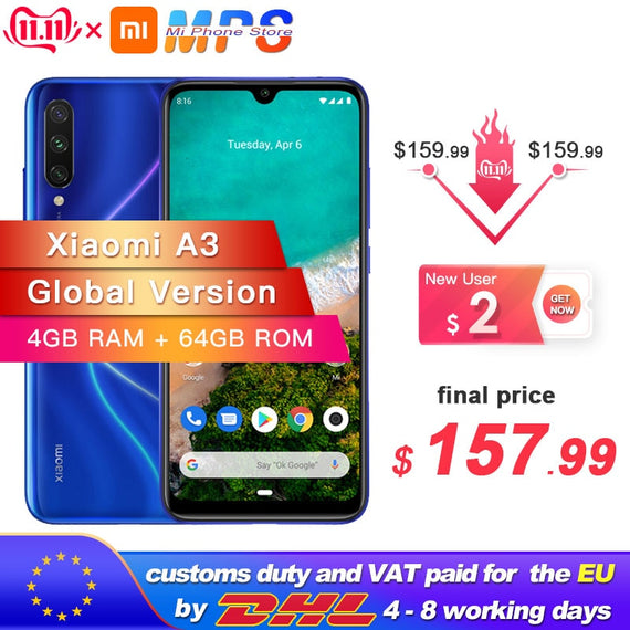 In Stock Global Version Xiaomi Mi A3 MiA3 4GB 64GB Smartphone Snapdragon 665 Octa Core 6.088" Screen 48MP + 32MP Camera 4030mAh