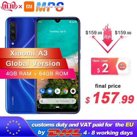 In Stock Global Version Xiaomi Mi A3 MiA3 4GB 64GB Smartphone Snapdragon 665 Octa Core 6.088" Screen 48MP + 32MP Camera 4030mAh