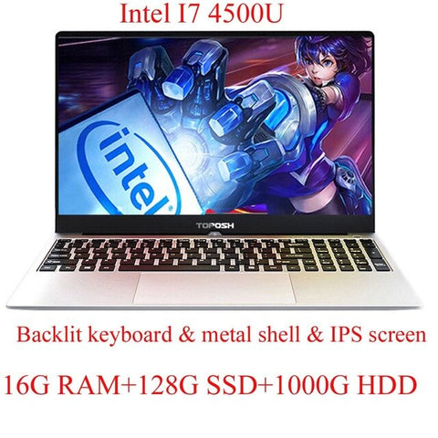 16GB RAM Quad Core Intel i7 4500U Laptop Computer 15.6 Inch Metal Shell Notebook Windows 10 Dual Band WiFi Full Layout Keyboard