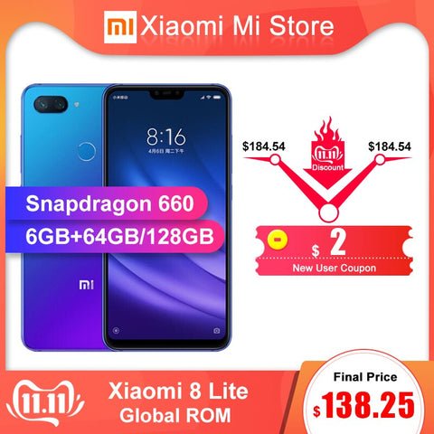 Global ROM Xiaomi Mi 8 Lite 6GB RAM 64GB/128GB ROM Smartphone Snapdragon 660 6.26" 2280 x 1080 FHD+Screen 24.0MP Front Camera